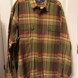Ralph Lauren Plaid Flannel Shirt Jacket in Olive, Brown & Gold